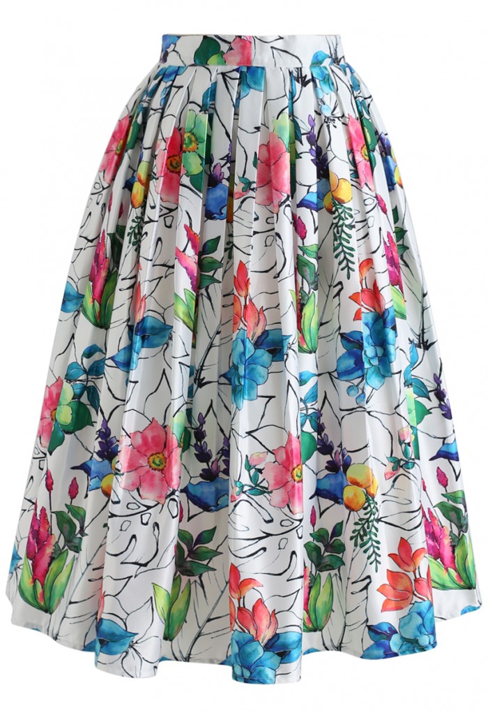700x1021 Tropical Flower Watercolor Printed Midi Skirt