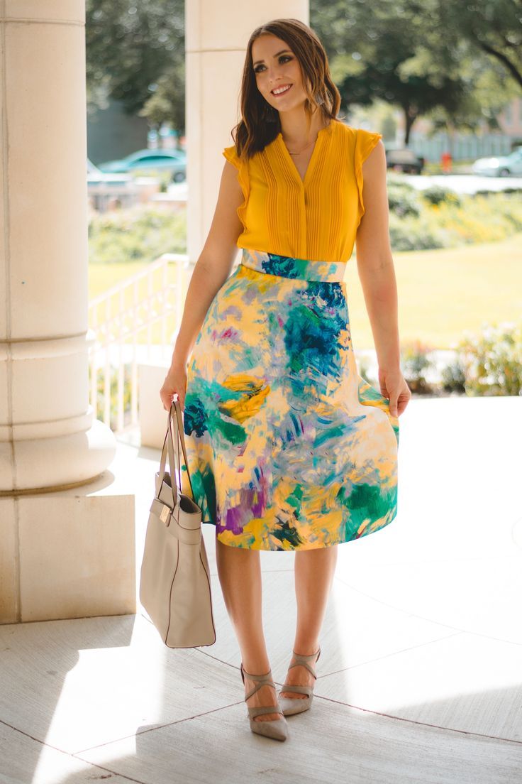 736x1104 Watercolor Midi Skirt With Mustard Top Business Causal