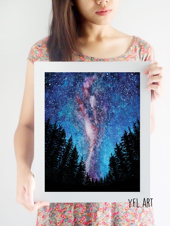 570x760 Galaxy Painting Watercolor Galaxy Milky Way Treescape Etsy