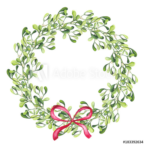 500x500 Wreath With Watercolor Mistletoe And Red Bow