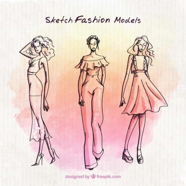 626x626 Fashion Models Sketches With Watercolor Background Vector Free