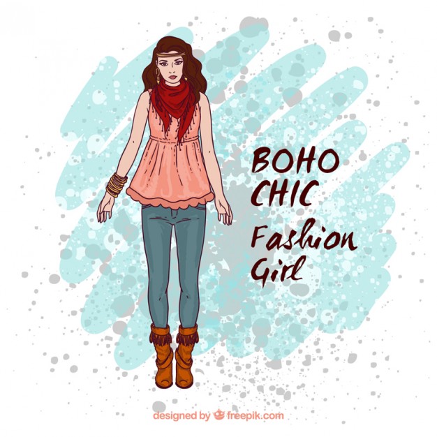 626x626 Hand Drawn Model In Boho Style With A Watercolor Stain Vector
