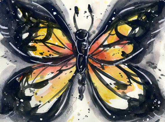 570x422 Monarch Butterfly Watercolor Painting Abstract Art Orange Etsy