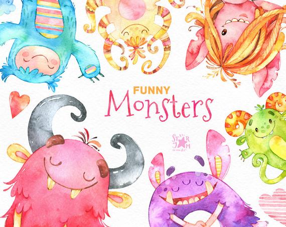 570x452 Funny Monsters. Watercolor Clip Art Cute Characters Happy Etsy