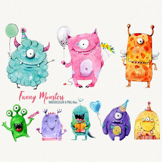 642x642 Monster Clipart Watercolor Monster Sweet Monster Funny Monster Etsy