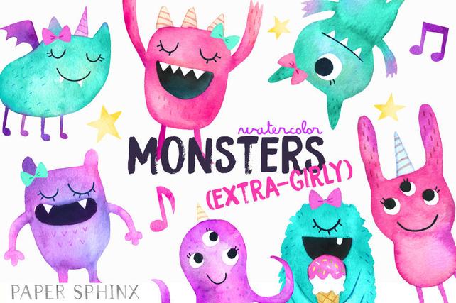 642x427 Watercolor Girly Monsters Clipart Girl Monster Birthday Etsy