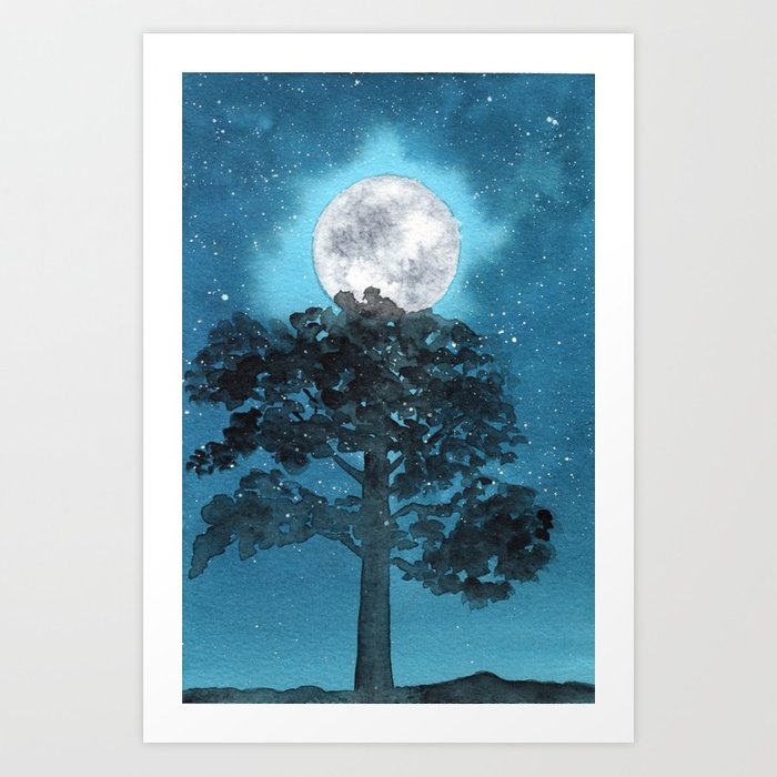 700x700 Watercolor Moon And Tree Landscape Art Print By Kathryntmccardle
