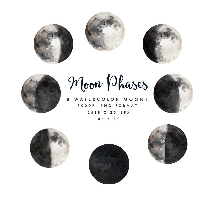 861x816 Watercolor Moon Phasesindividual Png Fileshand Painted Etsy