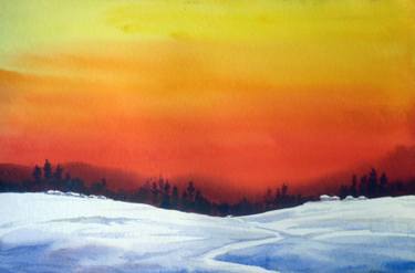 375x247 Sunset Amp Winter Snowy Mountain Landscape Watercolor On Paper