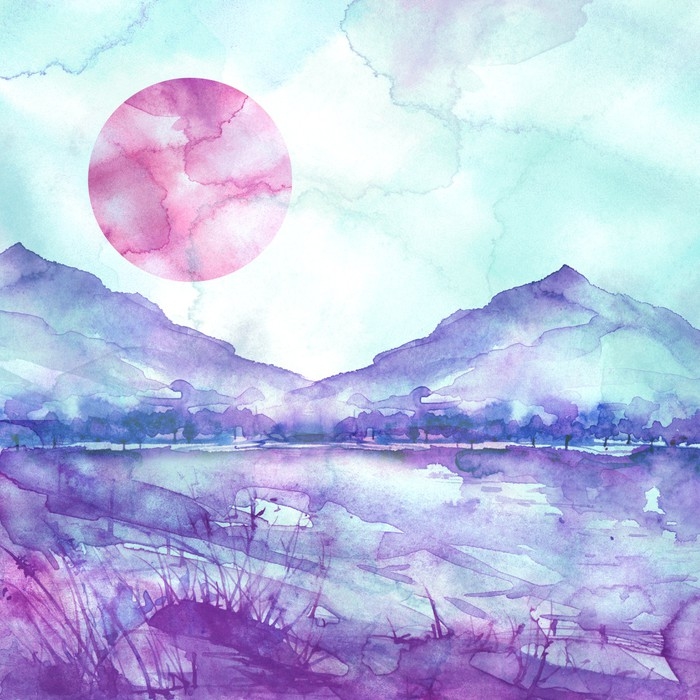700x700 Watercolor Mountain Landscape, Blue, Purple Mountains, Peak