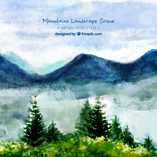 626x626 Watercolor Landscape Background With Mountains And Pines Vector