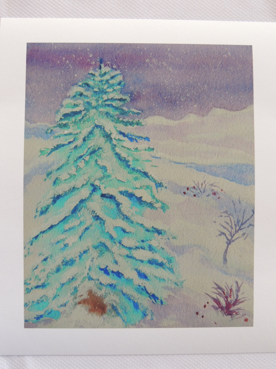 1125x1500 Watercolor Print Lone Spruce Tree In The Snow 8x10 Snow Mountain Scene