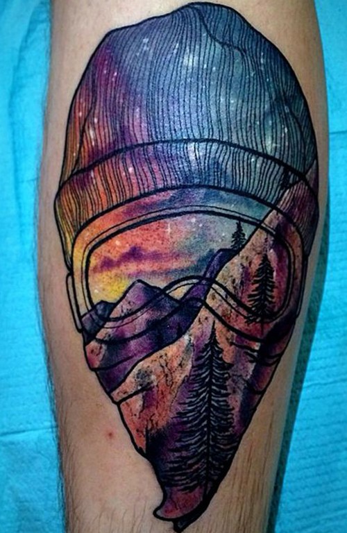 500x768 Cool Watercolor Mountain Tattoo On Leg