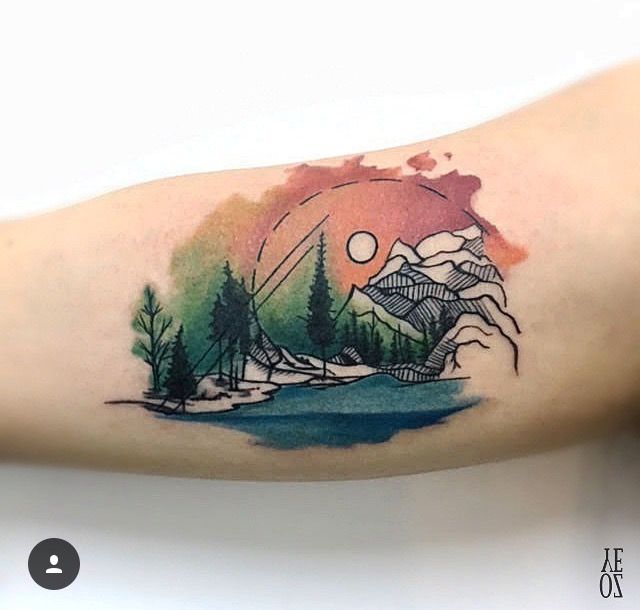 640x610 Watercolor Mountains With Trees And River Tattoo By Yeliz Ozcan