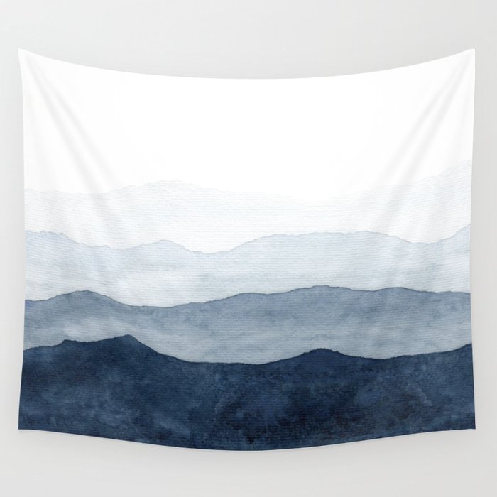 700x700 Indigo Abstract Watercolor Mountains Wall Tapestry By Ccartstudio