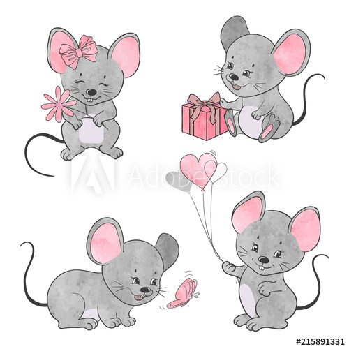 500x500 Set Of Cute Little Cartoon Mice. Vector Watercolor Mouse