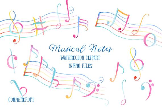 570x379 Watercolor Clip Art Musical Notes Musical Symbols Colorful Etsy
