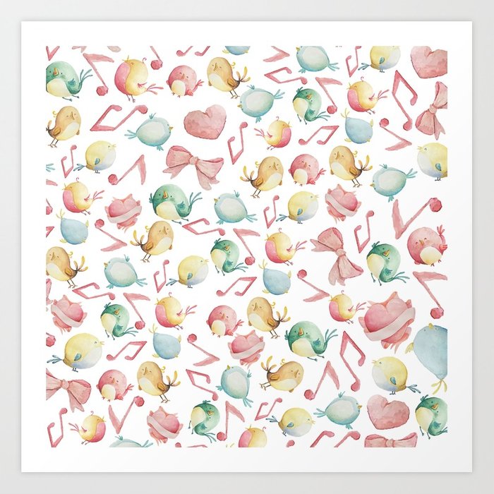 700x700 Cute Pink Green Yellow Watercolor Music Notes Bird Pattern Art