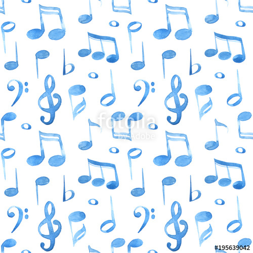 500x500 Watercolor Illustration Blue Music Notes And Keys Pattern Set