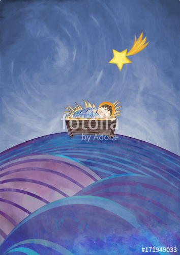 354x500 Christmas Nativity Scene. Watercolor. Stock Photo And Royalty