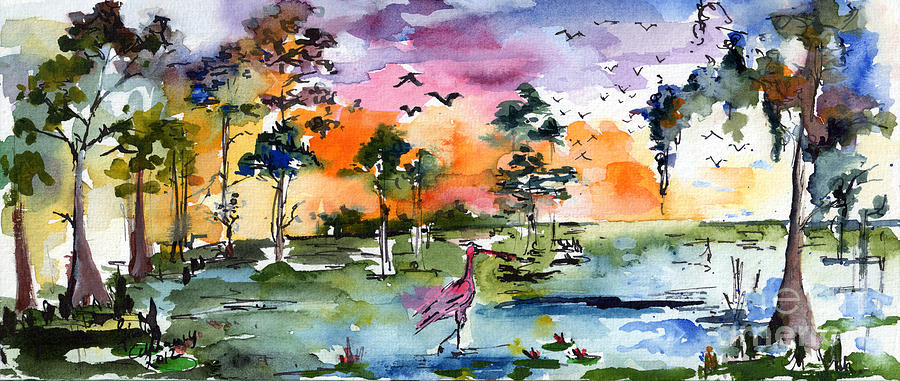 900x381 Watercolor Landscape Wetland Nature With Spoonbill Painting By