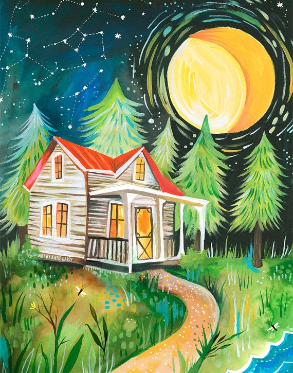 570x725 Night Cabin Art Print Rustic Wall Art Nature Scene Katie