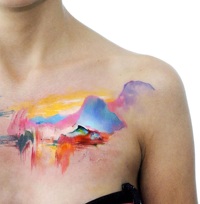 840x856 Watercolor Mountains On Girls Chest Best Tattoo Design Ideas
