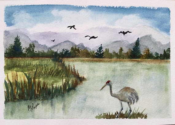570x407 Crane On The Lakeird Watercolorcrane Bird5 X 7
