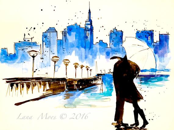 570x427 Watercolor New York For Two Love Kiss Travel Original Etsy