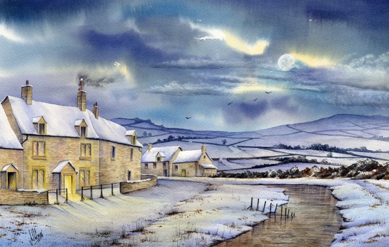 800x508 Moonlight Night Scene Watercolour Painting Canvas Art