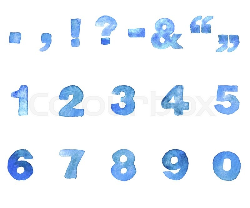 800x667 Modern Vector Watercolor Numbers And Punctuation Marks Isolated On