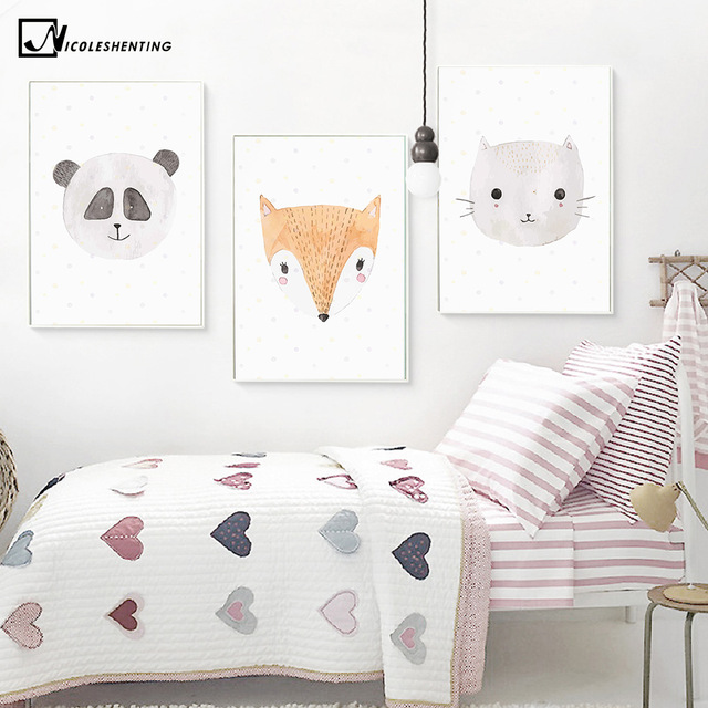 640x640 Watercolor Kawaii Animal Rabbit Cat Fox Poster Prints Wall Art