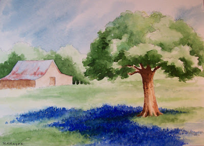 400x286 Daily Watercolors Texas Live Oak Tree, Barn And Bluebonnets