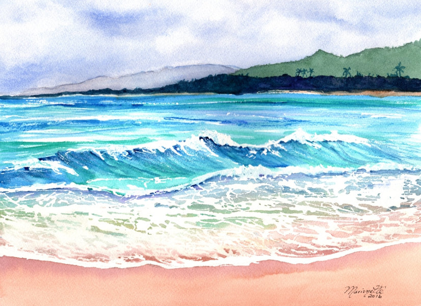 826x600 Ocean Watercolors, Wailua Beach Kauai, Paintings Of Kauai Beaches