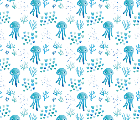 470x402 Watercolor Under Water Ocean Life Jelly Fish And Coral Squid Blue