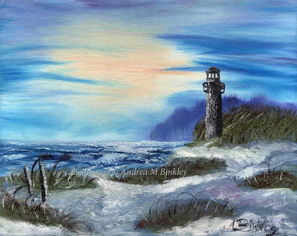 966x768 Seascape With Lighthouse, Ocean, Sunset, Fine Art Print