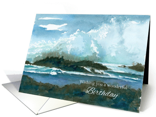 510x382 Happy Birthday Ocean Waves Rocks Seascape Watercolor Art Card