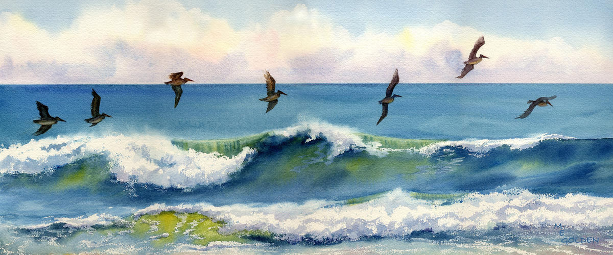 1200x500 Riding The Crest Pelicans Just Above An Ocean Wave