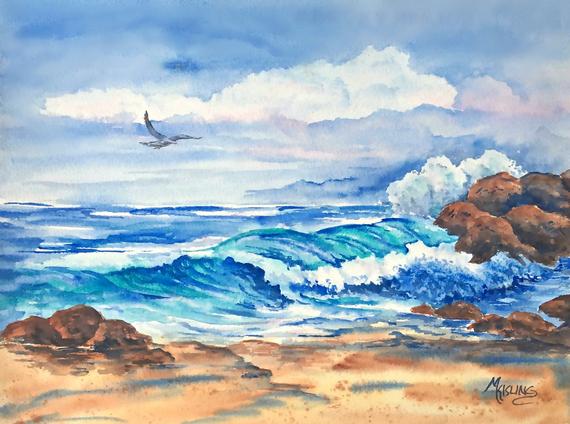 570x424 Seascape Watercolor Ocean Waves Rocks Beach Seagull Etsy
