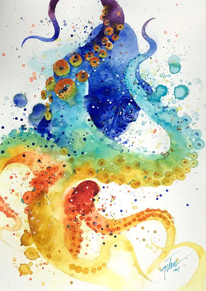 707x1000 Octopus Watercolour Painting A3 11.7 X 16.5 Inches