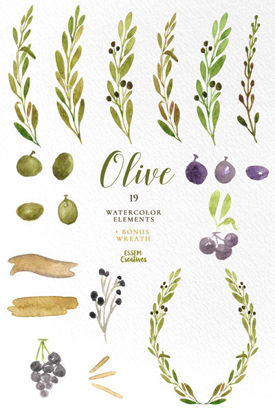 400x600 Watercolor Olive Branch Clipart, Leaves Clipart, Green Watercolor