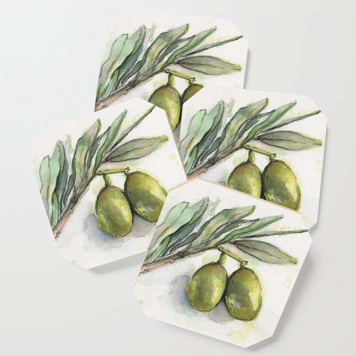700x700 Olive Branch Green Olives Watercolor Illustration Coaster By