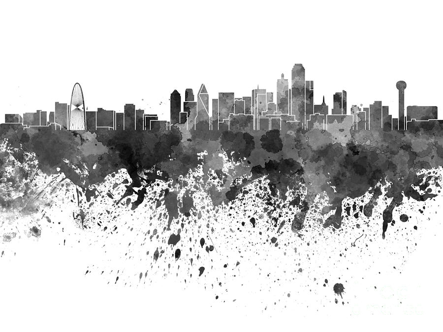 900x675 Dallas Skyline In Black Watercolor On White Background Painting By