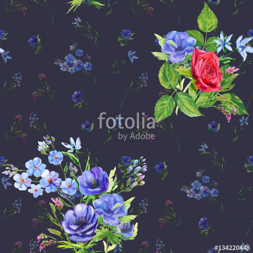 500x500 Floral Square Seamless Pattern With Blue Flowers And Red Rose