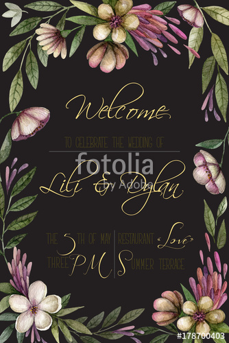 334x500 Invitation Card. Watercolor Vintage Flowers On Black Background