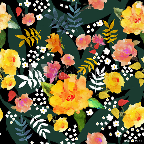 500x500 Seamless Floral Pattern With Yellow Roses Drawn Watercolor On