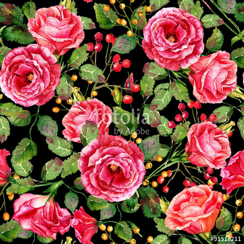 500x500 Seamless Pattern Of Watercolor Red Roses On Black Background