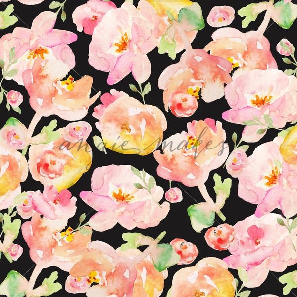 600x600 Watercolor Flowers On Black Background. Modern Floral Background