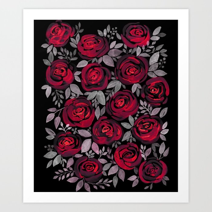 700x700 Watercolor Red Roses On Black Background Art Print By Fuzzyfox85
