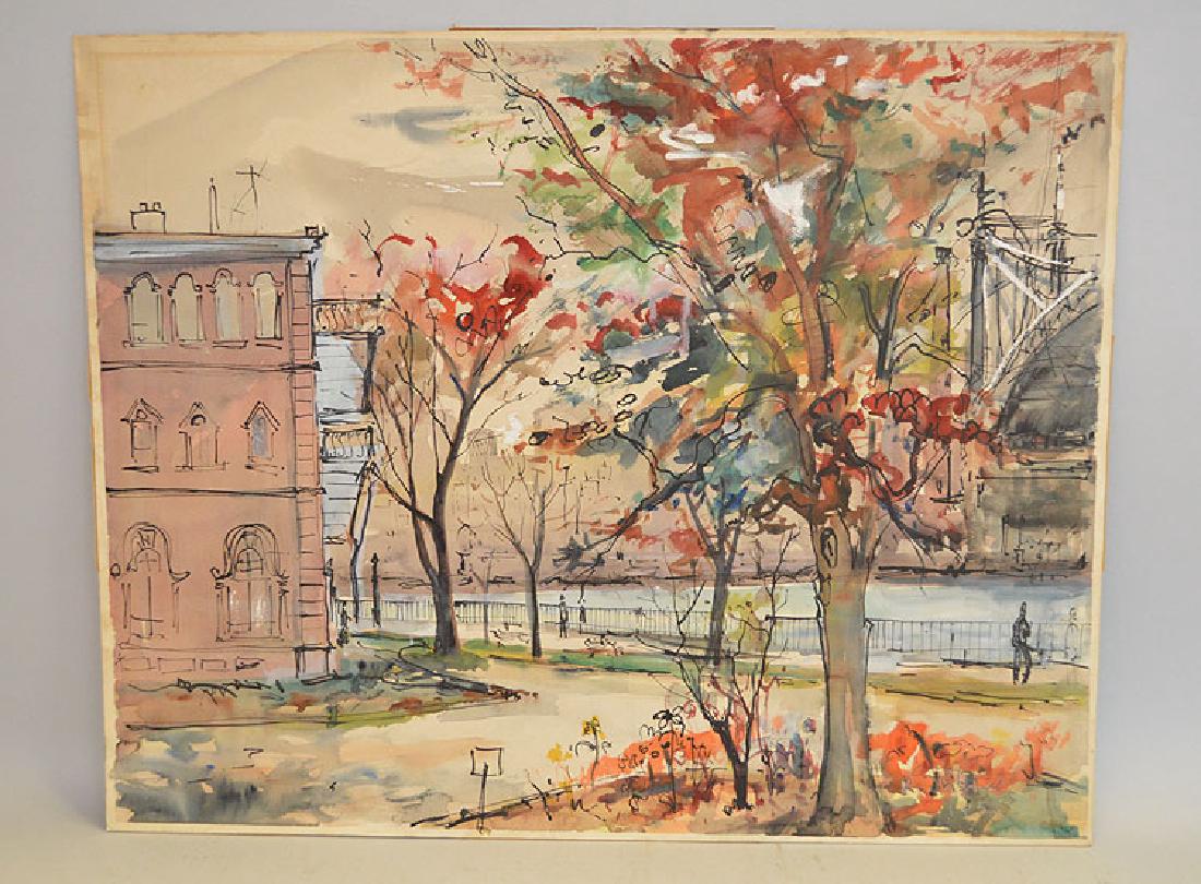 1100x810 Nyc Park Scene, Watercolor On Cardboard, Signed